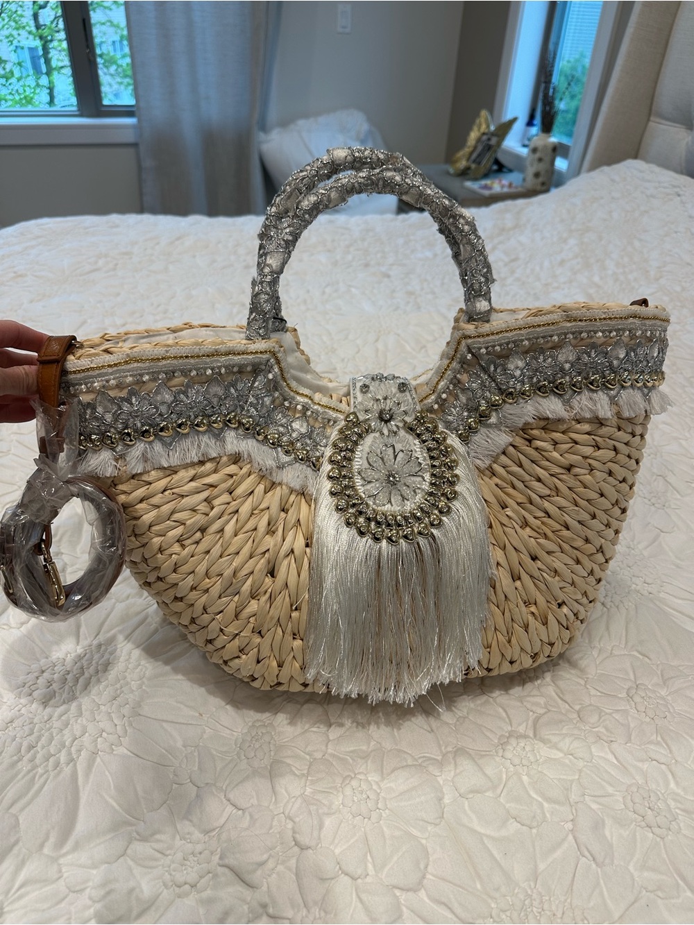 Beaded Straw Tote Bag with Silver Tassel Accent